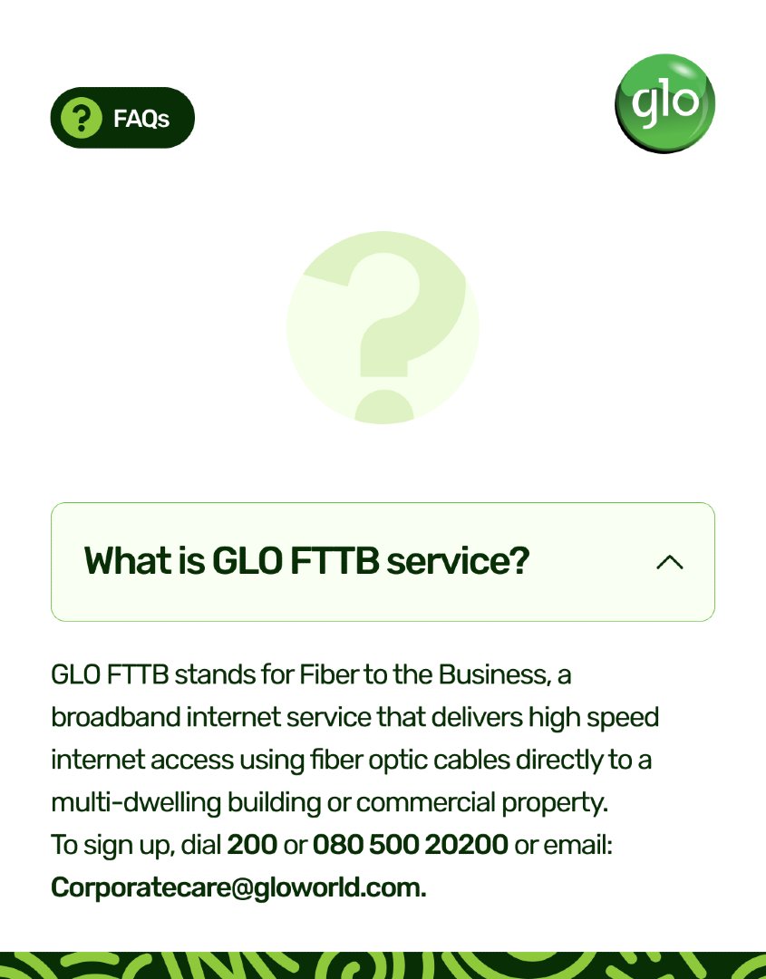 GloWorld's tweet image. For SMEs, reliable internet is more than a tool it&apos;s the backbone of productivity.

Glo FTTB service keeps your team connected and your business moving.

Click here for more info: gloworld.com/ng/business/co…

#Gloworld #GloUnlimited #FAQ