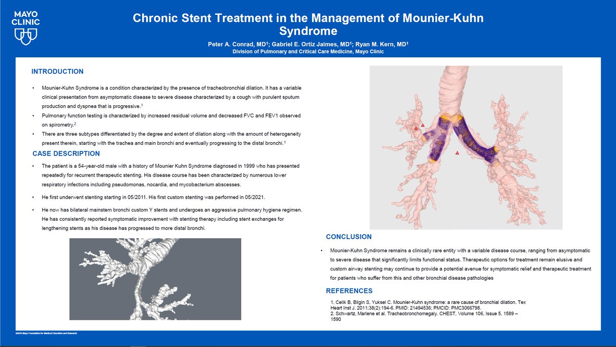 🚨 Poster Highlight from Mayo Clinic! 🚨

Dr. Ryan Kern and colleagues presented a compelling case at AABIP on Chronic Stent Treatment in Mounier-Kuhn Syndrome, a rare condition marked by tracheobronchial dilation and recurrent respiratory infections.

📁 Patient case: A