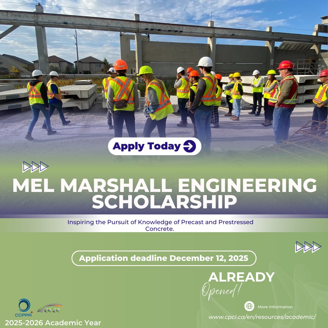 CPCI_Canada's tweet image. 👇🏼Applications are now open for the Mel Marshall Engineering Scholarship 🎓
Civil Engineering students at accredited Canadian universities can apply for a $10,000 award — with the potential to double to $20,000 through Mitacs.
Deadline: December 12, 2025
#cpci #precastconcrete