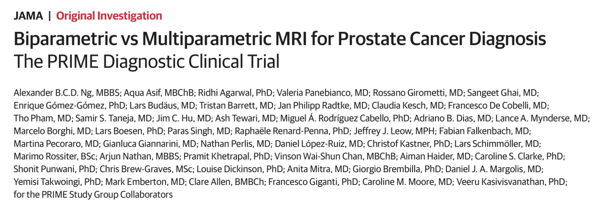 ⚠️Not all men who need a prostate mpMRI get one

💡Could a shorter, cheaper, less invasive bpMRI work just as well?

🔥 PRIME Trial out in <a href="/JAMA_current/">JAMA</a>

🏆 Lvl 1 evidence that bpMRI non-inferior to mpMRI for PCa detection

⏱️ to improve global access

🔗jamanetwork.com/journals/jama/…