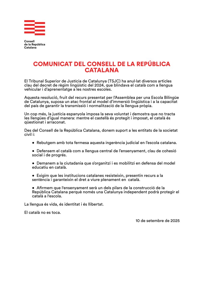 🗣️ La llengua és vida, és identitat i és llibertat. El català no es toca!

Comunicat del Consell amb relació a la sentència del TSJC contra el decret de règim lingüístic de 2024

📲 consellrepublica.cat/noticies/comun…