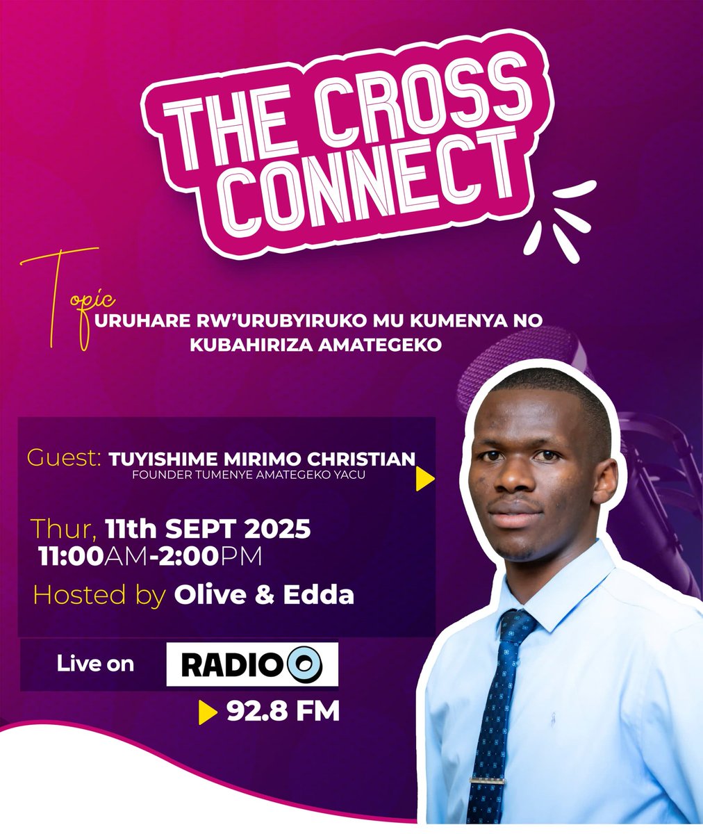 Hello Rwandans!
Tomorrow afternoon, the #TumenyeAmategekoYacu Initiative will be live on <a href="/928RadioO/">92.8 RADIO O</a> for The Cross Connect show to discuss the role of Youth in Knowing and Respecting the Law.

Tune in and be part of the conversation shaping a more informed Rwanda!

#RwOT 
#RWOX