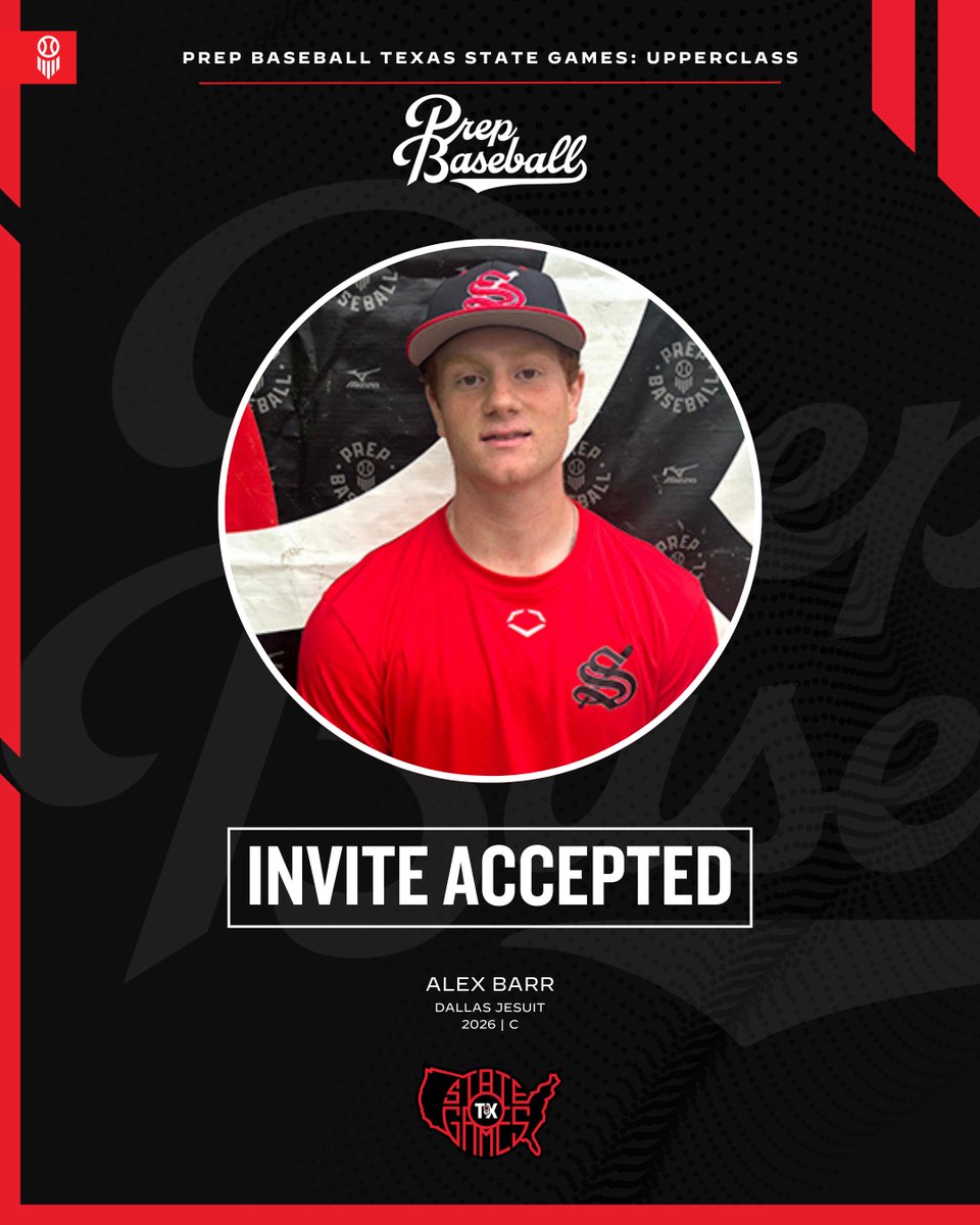 Prep Baseball Texas (@prepbaseball_tx) on Twitter photo 🎟️ #𝐓𝐗𝐒𝐭𝐚𝐭𝐞𝐆𝐚𝐦𝐞𝐬𝟐𝟓: 𝐈𝐧𝐯𝐢𝐭𝐞 𝐀𝐜𝐜𝐞𝐩𝐭𝐞𝐝
2026 C Alex Barr (<a href="/AlexjBarr08/">Alex Barr</a> | <a href="/jcpbaseball/">Jesuit Baseball</a>) is headed to The Texas State Games (Upperclass) at Weatherford College on September 19-21.
<a href="/PB_Uncommitted/">Prep Baseball Uncommitted</a>
🖇️ loom.ly/powpwyg 🎟️ #𝐓𝐗𝐒𝐭𝐚𝐭𝐞𝐆𝐚𝐦𝐞𝐬𝟐𝟓: 𝐈𝐧𝐯𝐢𝐭𝐞 𝐀𝐜𝐜𝐞𝐩𝐭𝐞𝐝
2026 C Alex Barr (<a href="/AlexjBarr08/">Alex Barr</a> | <a href="/jcpbaseball/">Jesuit Baseball</a>) is headed to The Texas State Games (Upperclass) at Weatherford College on September 19-21.
<a href="/PB_Uncommitted/">Prep Baseball Uncommitted</a>
🖇️ loom.ly/powpwyg