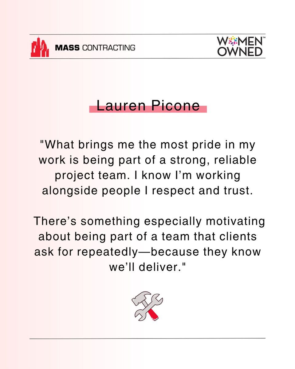 Back again with another #MeetTeamMass feature, where our dedicated team members share what drives their passion at <a href="/MassCorp_GC/">Mass Contracting</a>!

Meet Lauren Picone, one of our PMs, who finds pride in the strength and reliability of her project team.  Well done!

#EmployeeSpotlight #Team #WBE