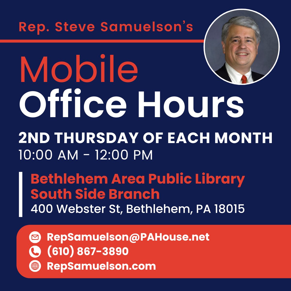 RepSamuelson's tweet image. Tomorrow! Be sure to stop by if you need assistance - speak with me and/or my staff for help.