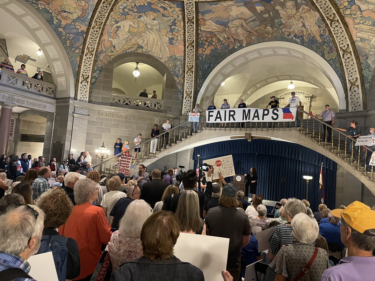 Kacen's tweet photo. — JEFFERSON CITY, Mo. 

Missourians pack into the state Capitol to protest GOP attempt to gerrymander congressional map and overhaul the state’s citizen initiative process.   

Rally is scheduled for noon. 

#moleg #mogov https://t.co/AiI0BU3iRA
