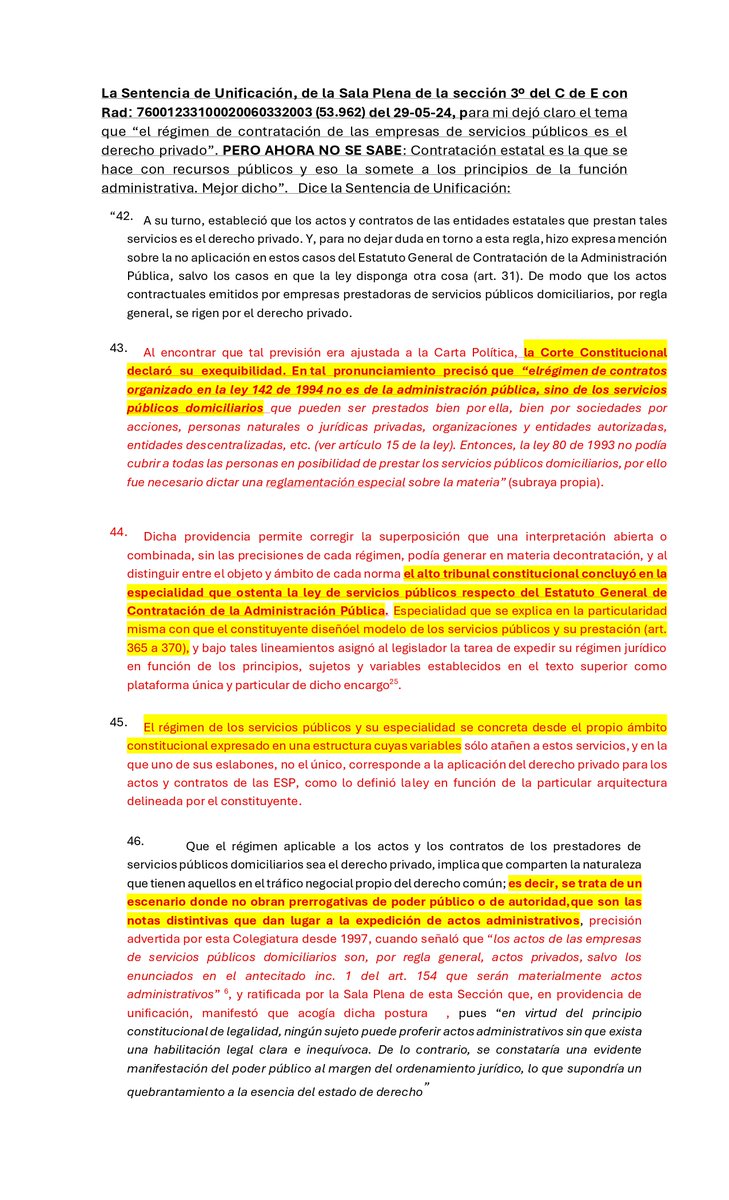 carlosateho's tweet photo. La Sentencia de Unificación, de la Sala Plena de la sección 3º del C de E con Rad: 76001233100020060332003 (53.962) del 29-05-24, para mi dejó claro el tema que “el régimen de contratación de las empresas de servicios públicos es el derecho privado”. PERO AHORA NO SE SABE: Contratación estatal es la que se hace con recursos públicos y eso la somete a los principios de la función administrativa. Mejor dicho”