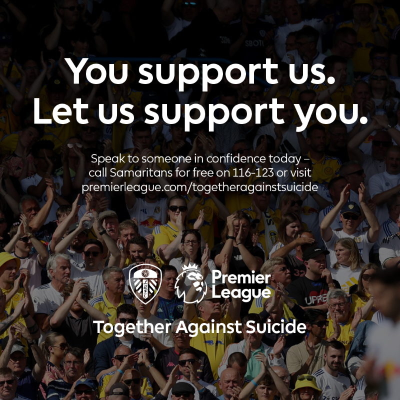 LUFC's tweet photo. Every 90 minutes, someone in the UK takes their own life. Leeds United and @PremierLeague are working with Samaritans to provide support for fans that need it most.

You support us, let us support you.

#TogetherAgainstSuicide #InsideMatters