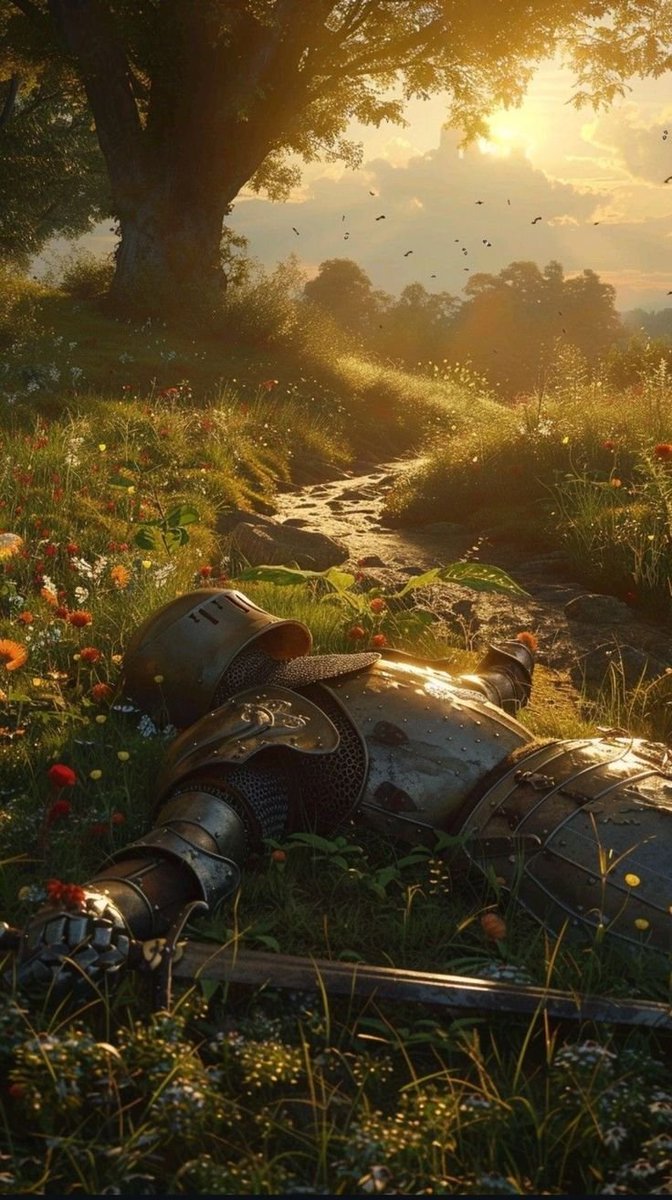 unity2077's tweet photo. A knight asleep under the sunset https://t.co/8gqkYgnfNw