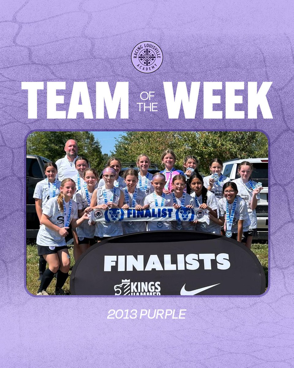 LouCityAcademy's tweet photo. Our Racing Team of the Week goes to Shelby’s 2013 Purple team for being finalists in the Battle in the Bluegrass tournament! 

They 𝙙𝙞𝙙𝙣’𝙩 𝙘𝙤𝙣𝙘𝙚𝙙𝙚 𝙖 𝙨𝙞𝙣𝙜𝙡𝙚 𝙜𝙤𝙖𝙡 in regulation but lost in the final in a very close PK shootout.

Way to go girls! 💪 https://t.co/82UbUOnpdr