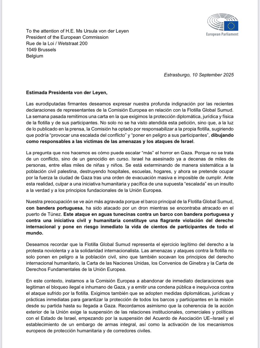 EuroPodemos's tweet image. Acabamos de enviar una carta, junto con otros eurodiputados y eurodiputadas de @Left_EU a la Presidenta Von der Leyen exigiendo protección para la Flotilla frente a una Comisión que acusa a la Flotilla de escalar el conflicto

Es una obligación de Europa proteger a sus ciudadanos