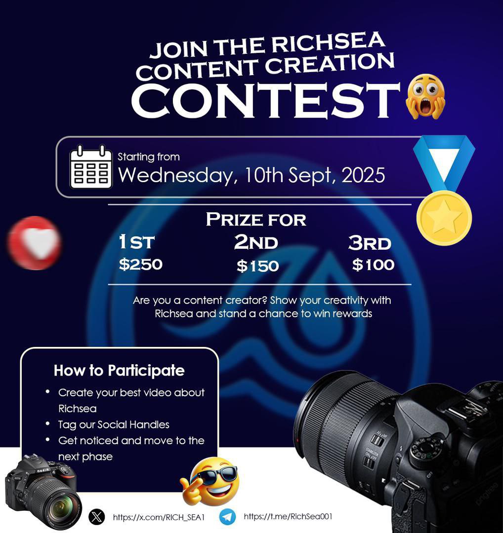 A WHOPPING $500 VIDEO CONTEST
Fully Sponsored by <a href="/RICH_SEA1/">Rich Sea</a> 

 Prizes 🏆
🥇$250 
🥈$150 
🥉$100

 How To Enter 🚨
→ Retweet this
→ Tag 3 Friends in the comments 
→ Follow <a href="/RICH_SEA1/">Rich Sea</a> 
→ Join the TG community
t.me/Richsea2
→ Make your best RichSea video
→ Tag us on