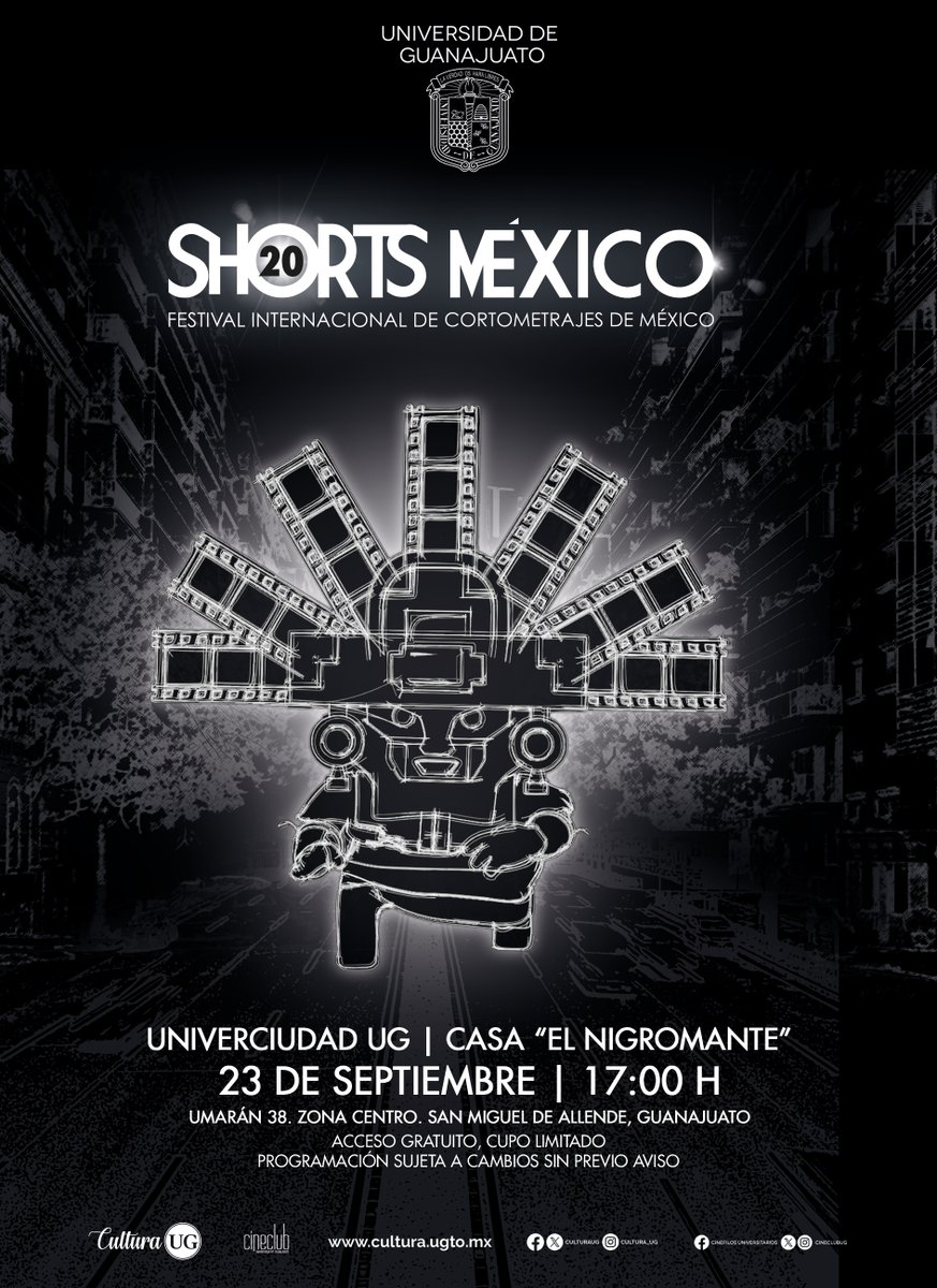 cineclubug's tweet photo. 🎬 La @UdeGuanajuato se suma a los 20 años de @shortsmexico  🎉
En septiembre disfruta los mejores cortos en:
🎥 Cine Club UG (Gto)
🏛️ Univerciudad UG – Casa El Nigromante (SMA)
📅 Programación 👉 https://t.co/PqMJyH6beU
📲 También en la App Cultura UG
#ShortsMéxico #CineUG https://t.co/52CU3c2mBY