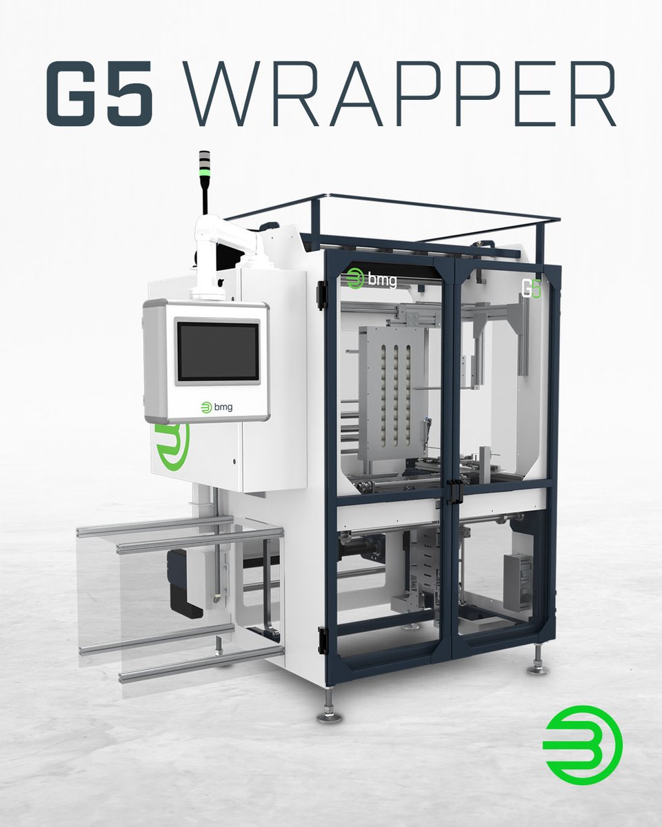 Introducing the new BMG G5 wrapper: an automated wrapping system with a servo-driven jaw assembly for faster cycles and precision. It features adjustable seal configurations, low-maintenance construction, and capabilities for sealing various materials without part changes.