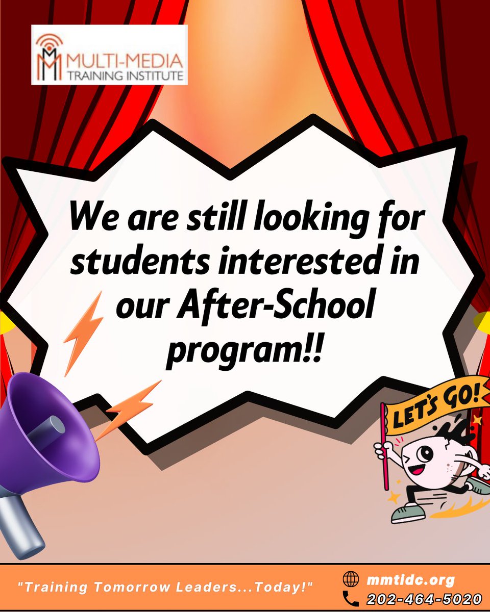 mmtidc's tweet image. #DCYOUTH
If you know someone between the ages of 16 and 21 who is interested in our after-school program, encourage them to sign up at mmtidc.org or call 202-464-5020.