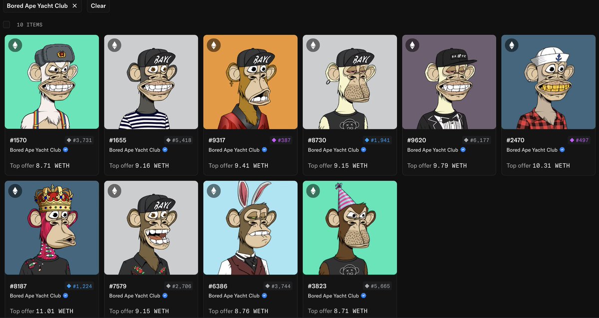 For the first time, I reached double-digit boredom this week.  Here is my entire team: <a href="/BoredApeYC/">Bored Ape Yacht Club 🍌</a>

  What poison do you have?  My collectors are where?