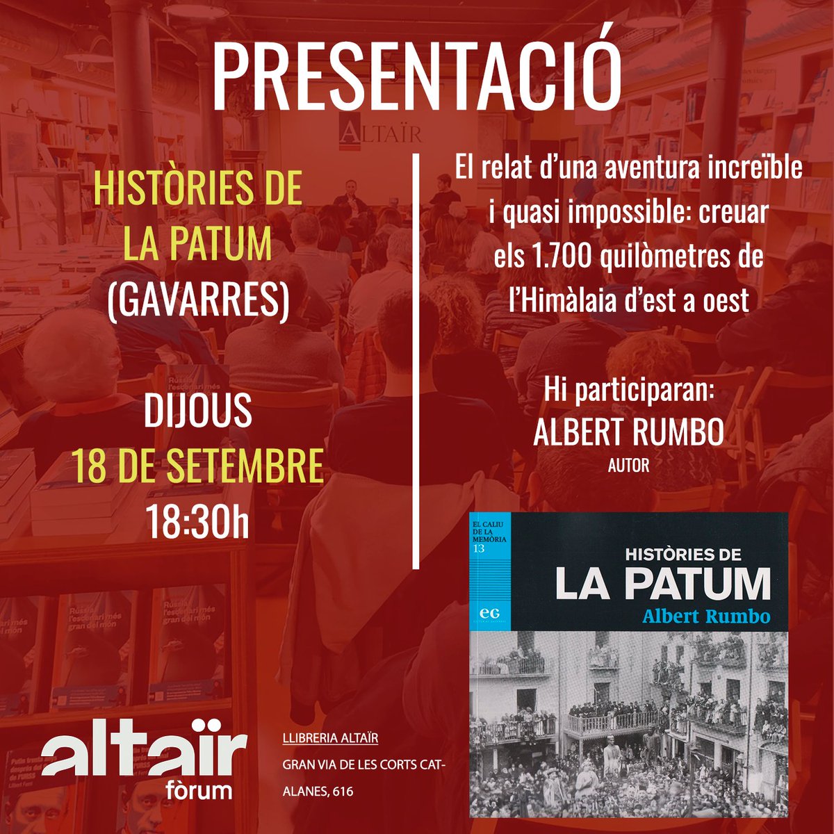 Tant si us encanta la Patum com si no hi heu anat mai, no us perdeu dijous que ve la presentació de HISTÒRIES DE LA PATUM (<a href="/GrupGavarres/">Grup Gavarres</a>) al #FòrumAltaïr!

Una tarda de celebració que esperem amb moltes ganes😍

📚 altair.es/cat/noticias/p…