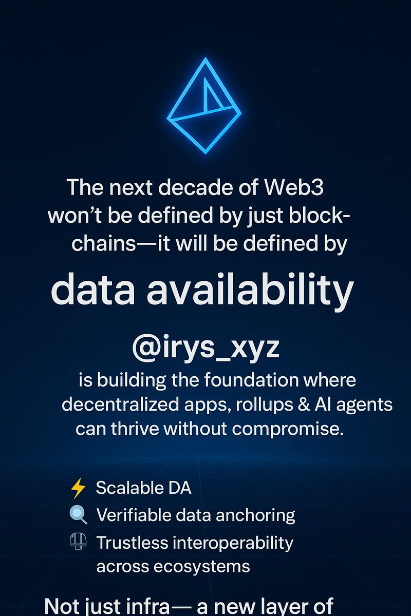 The next decade of Web3 won’t be defined by just blockchains—it will be defined by data availability.
Why?Because apps,rollups,AI agents need a base layer they can actually trust.

The entire system crumbles.
<a href="/irys_xyz/">Irys (✧ᴗ✧)</a> is fixing this blind spot at its core,truth engine for Web3.