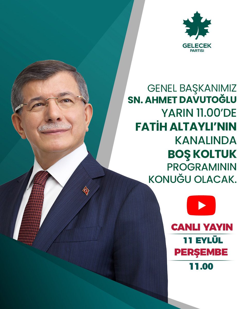 Genel Başkanımız Sayın Ahmet Davutoğlu, Fatih Altaylı’nın kanalında “Boş Koltuk” programının konuğu oluyor.

🗓️11 Eylül Perşembe (Yarın)
⏰11.00
📡Fatih Altaylı (YouTube)

📎Sosyal Medya hesaplarımızdan yayınlanacaktır.
