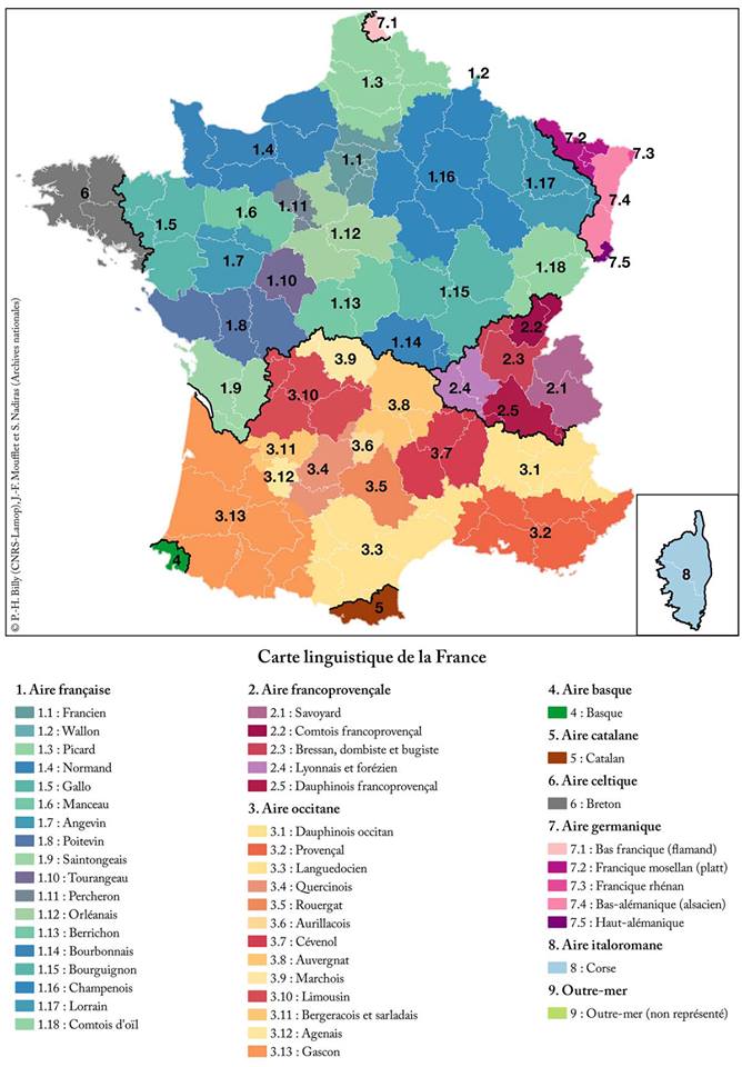 Voici une carte qui recense la diversité et la richesse linguistique de la France avant que le pouvoir parisien n'impose son idiome comme seule langue officielle et contribue avec célérité à l'agonie de toutes les autres.