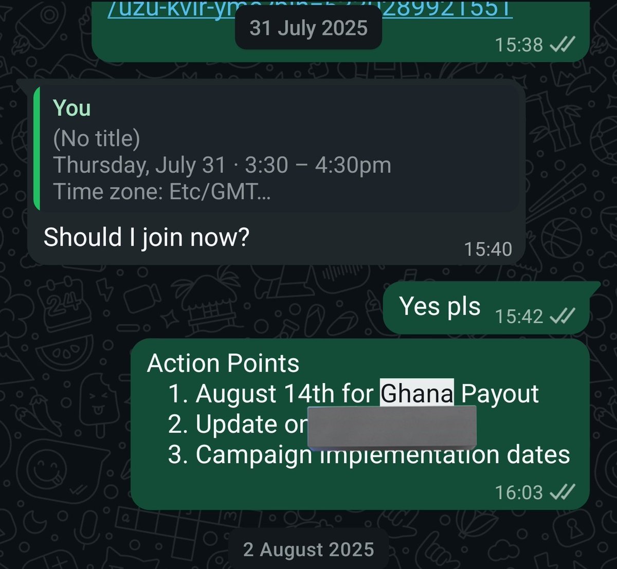 WhatsApp chat screenshot of Azza campaign action points