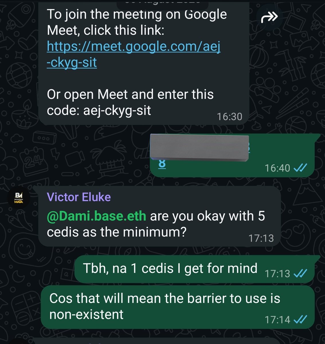 WhatsApp discussion on minimum Cedi amount for Azza activation