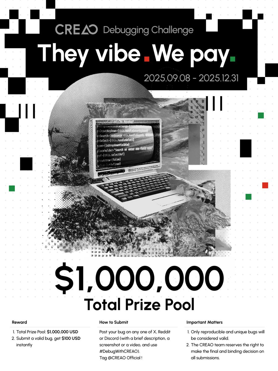 Afnxn |Ai|Futuretech (@afnaninqiad) on Twitter photo Stop vibe coding. Start profit coding. 💵
CREAO Debug Bounty just launched!
→ $1M up for grabs
→ $100 per bug
→ Extra rewards when you share your builds
Breaking things has never paid this well 👇
Follow <a href="/Afnaninqiad/">Afnxn |Ai|Futuretech</a> Stop vibe coding. Start profit coding. 💵
CREAO Debug Bounty just launched!
→ $1M up for grabs
→ $100 per bug
→ Extra rewards when you share your builds
Breaking things has never paid this well 👇
Follow <a href="/Afnaninqiad/">Afnxn |Ai|Futuretech</a>