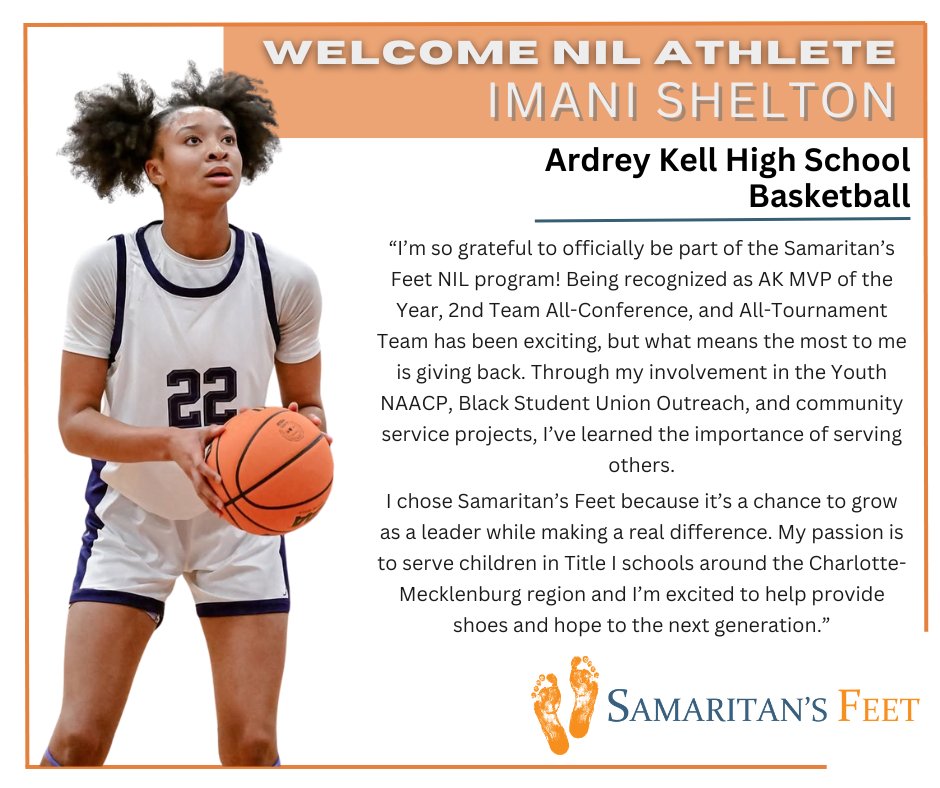 Welcome Imani Shelton to our NIL program! 👟

AK MVP of the Year • 2nd Team All-Conference • Community leader.
Imani will serve Title I schools in Charlotte-Mecklenburg through shoe distributions.
Support her journey: samaritansfeet.org/ImaniShelton

#ShoesOfHope #NIL  #CharlotteNC