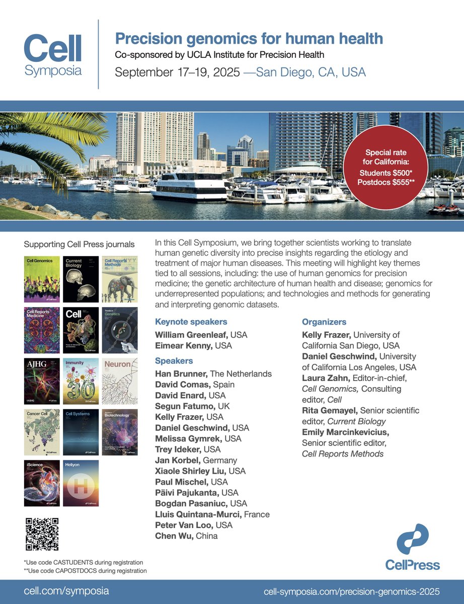 CellRepMethods's tweet image. California students & postdocs: Use code CASTUDENTS or CAPOSTDOCS during regitration and pay $500/$555 to attend @CellSymposia #CSPrecisionGen25 and discover emerging themes in precision genomics for human health.
hubs.li/Q03HKvy20