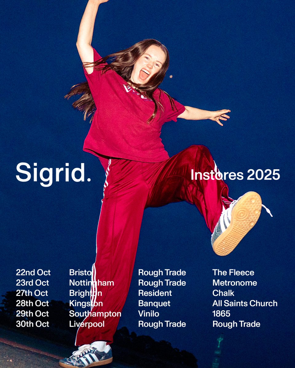 I’m so excited to announce that to celebrate the release of my third album, ‘There’s Always More That I Could Say’, I’ll be heading out across the UK to perform some special intimate shows! tickets go on sale on friday 12th september at 11 am bst. 

sigrid.tix.to/Instores2025