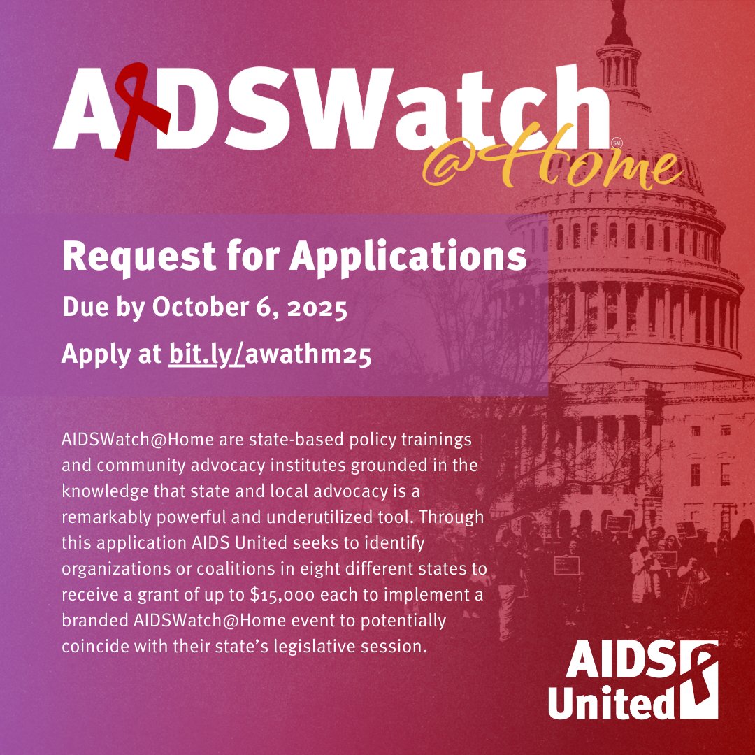 🏠 AIDSWatch@Home is here! We're seeking organizations to host state-based HIV advocacy events

Learn more and apply at aidsunited.org/grants

#HIVAdvocacy #AIDSWatch #AIDSWatchAtHome