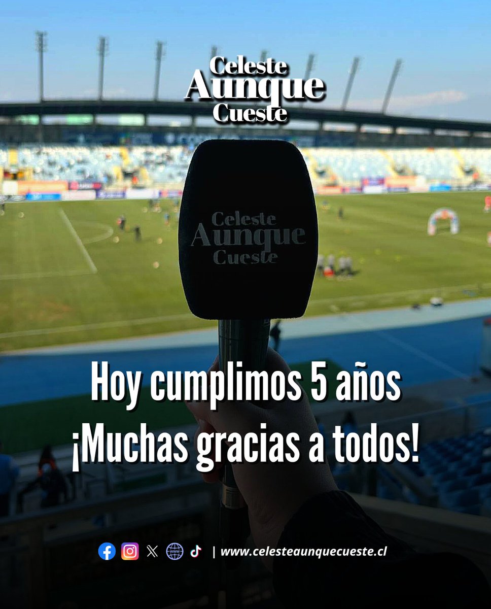 🎉💙 ¡Estamos de aniversario! Celeste Aunque Cueste cumple 5 años llevando la pasión por O’Higgins a cada rincón. Gracias por el cariño y por preferirnos como su fuente de información. ¡Vamos por más experiencias juntos! #CelesteAunqueCueste ✍️
