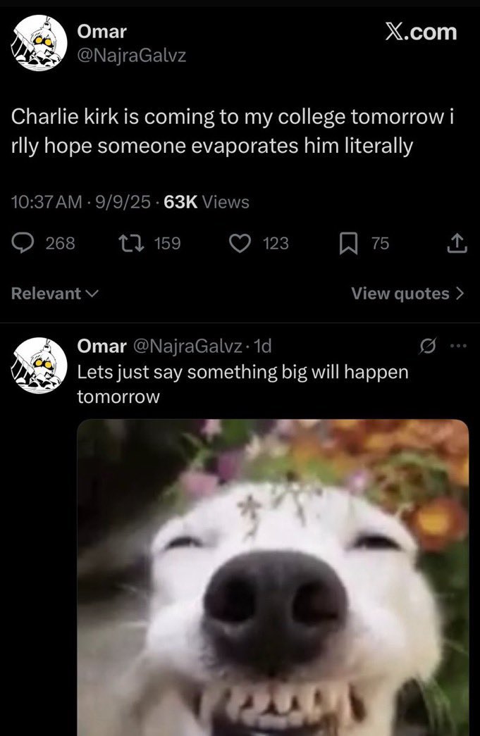 Hey <a href="/FBI/">FBI</a> might want to look into this person considering Charlie Kirk was assassinated at this event