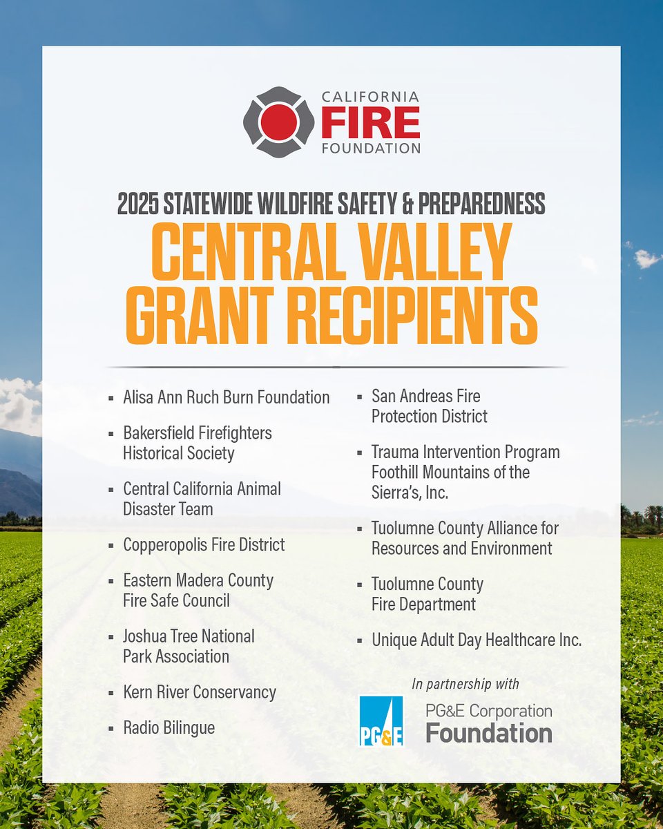CAFireFound's tweet image. The California Fire Foundation is happy to highlight and support our #CentralValley #WSPP grantee recipients who are tirelessly working to keep our communities safe from #wildfires. Learn more about our grant program at cafirefoundation.org/grants

In partnership with PGE