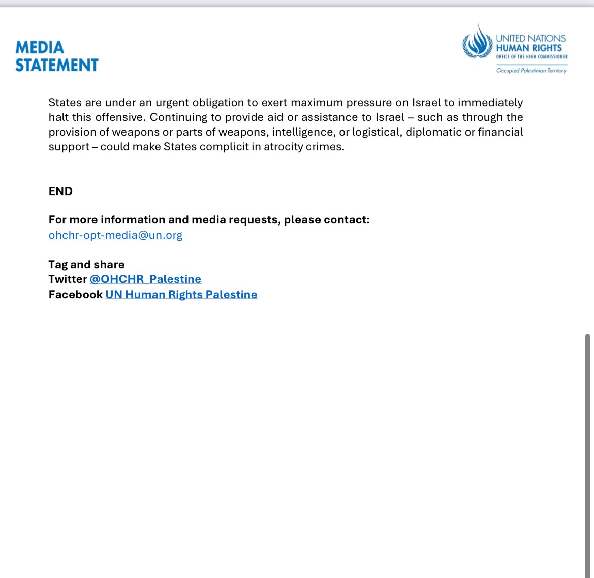 "Los Estados tienen la obligación urgente de ejercer la máxima presión sobre Israel para que detenga inmediatamente esta ofensiva. Seguir prestando ayuda a Israel -por ejemplo, mediante el suministro de armas (..) podría convertirlos en cómplices de crímenes atroces" #Gaza