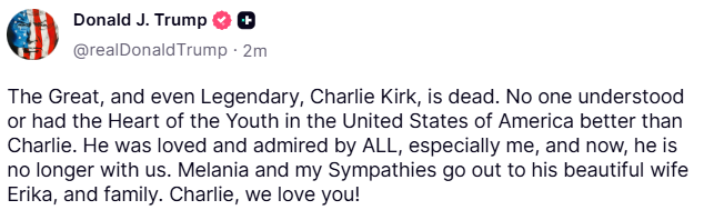 Osinttechnical's tweet image. President Trump says that Charlie Kirk has died.