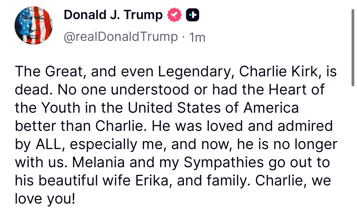dhookstead's tweet photo. President Trump announces Charlie Kirk is dead.

We’ve crossed the rubicon. There’s no coming back from this. https://t.co/LiebLjfPzo
