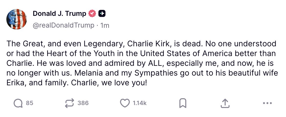 KnightsOSINT's tweet photo. BREAKING: Donald Trump confirms on Truth Social that Charlie Kirk has passed away, he was 31. https://t.co/pEem73uLUl