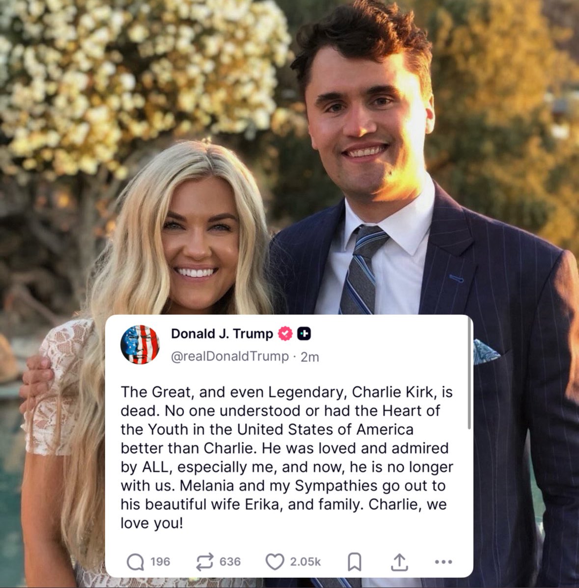OliLondonTV's tweet image. 🚨𝐁𝐑𝐄𝐀𝐊𝐈𝐍𝐆:

President Trump announces Charlie Kirk has DIED. 

“The Great, and even Legendary, Charlie Kirk, is dead. No one understood or had the Heart of the Youth in the United States of America better than Charlie. He was loved and admired by ALL, especially me, and…