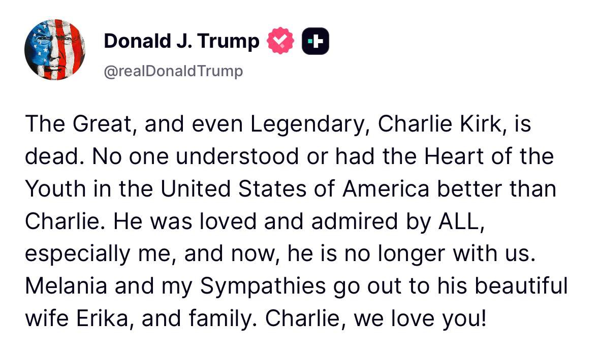 AFpost's tweet image. President Trump has confirmed the death of Charlie Kirk.
We ask our followers to pray for his soul and his family. Rest in peace, Charlie Kirk.
Follow: @AFpost