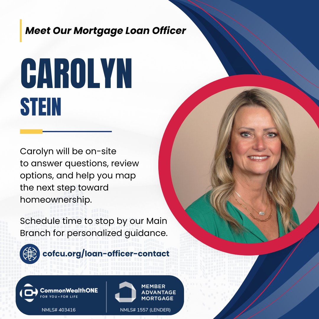 🏡 Thinking about buying or refinancing? Meet Mortgage Loan Officer Carolyn Stein at our Main Branch! She’ll answer your questions &amp; help you take the next step toward homeownership.

📅 Sept 16 | 10:30 AM–12 PM
📅 Sept 18 | 1:30–3 PM

👉 Schedule 1:1: cofcu.org/loan-officer-c…