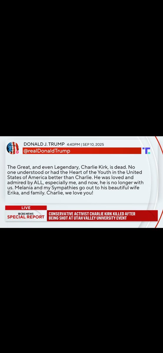 rapeddiddy's tweet photo. The Great, and even Legendary, Charlie Kirk, is dead. No one understood or had the Heart of the Youth in the United States of America better than https://t.co/ITdl5g7SvI