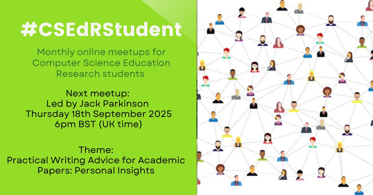 #CSEdRStudent meetups return on 18 Sept!
Kicking off with <a href="/jparkinson_csed/">Jack Parkinson 🏴󠁧󠁢󠁳󠁣󠁴󠁿</a>  from <a href="/UofGlasgow/">University of Glasgow</a> <a href="/ccseglasgow/">Centre for Computing Science Education</a> Topic: Practical Writing Advice for Academic Papers: Personal Insights
Great tips + talk on academic writing. DM me or <a href="/IAmKatharineC/">Katharine Childs</a>  for details!