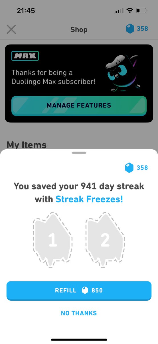 First world problem but 850 to buy a single streak freeze on <a href="/duolingo/">Duolingo</a> ?! If you go to a festival in a field now and want a day off your screen (entirely normal, very healthy) forget it. Might deliberately opt out. Feels off to me. 🤬