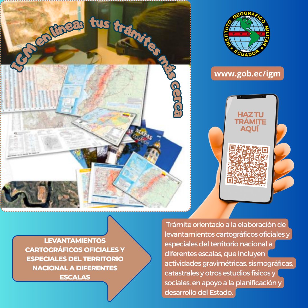 🟢 #TrámitesEnGobEc | 𝐋𝐞𝐯𝐚𝐧𝐭𝐚𝐦𝐢𝐞𝐧𝐭𝐨𝐬 𝐜𝐚𝐫𝐭𝐨𝐠𝐫á𝐟𝐢𝐜𝐨𝐬
El <a href="/IGM_Ecuador/">Instituto Geográfico Militar</a>  realiza levantamientos oficiales y especiales del territorio nacional para apoyar la planificación y desarrollo del Estado
Más info: gob.ec/igm
#Cartografía #EcuadorDigital