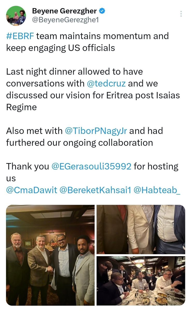 🌿The Eritrean Blue Revolution Front  #EBRF💙🌿successfully hosted a dinner discussion on Eritrea’s democratic future with respected leaders— Amb. Tibor Nagy &amp; Sen. Ted Cruz—hosted by Elias Garasoul. 🌿🌿💙💙✨

This engagement is not symbolic—it is strategic. Dialogue with