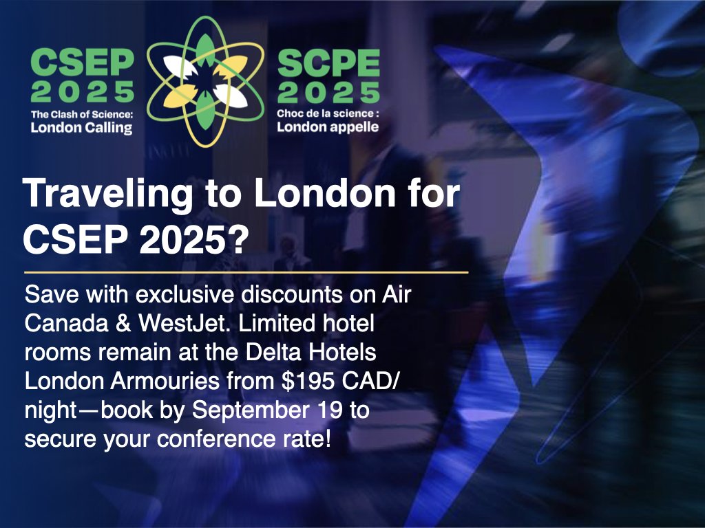 csep_scpe's tweet image. Traveling to London for CSEP 2025?

Take advantage of discounted travel rates with Air Canada and WestJet. If you still need accommodation, rooms at the DoubleTree by Hilton are now sold out, but limited rooms remain at the Delta Hotels London Armouries starting at $195 CAD per…