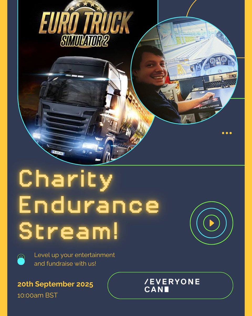 🚛💜 Ready to hit the road for a good cause? Ready to gear up for giving? Ready to steer towards change!? (Okay, we're done now.)

Everyone Can is taking Euro Truck Simulator 2 to the limit in our live endurance stream, and every donation helps fund accessible gaming stations!