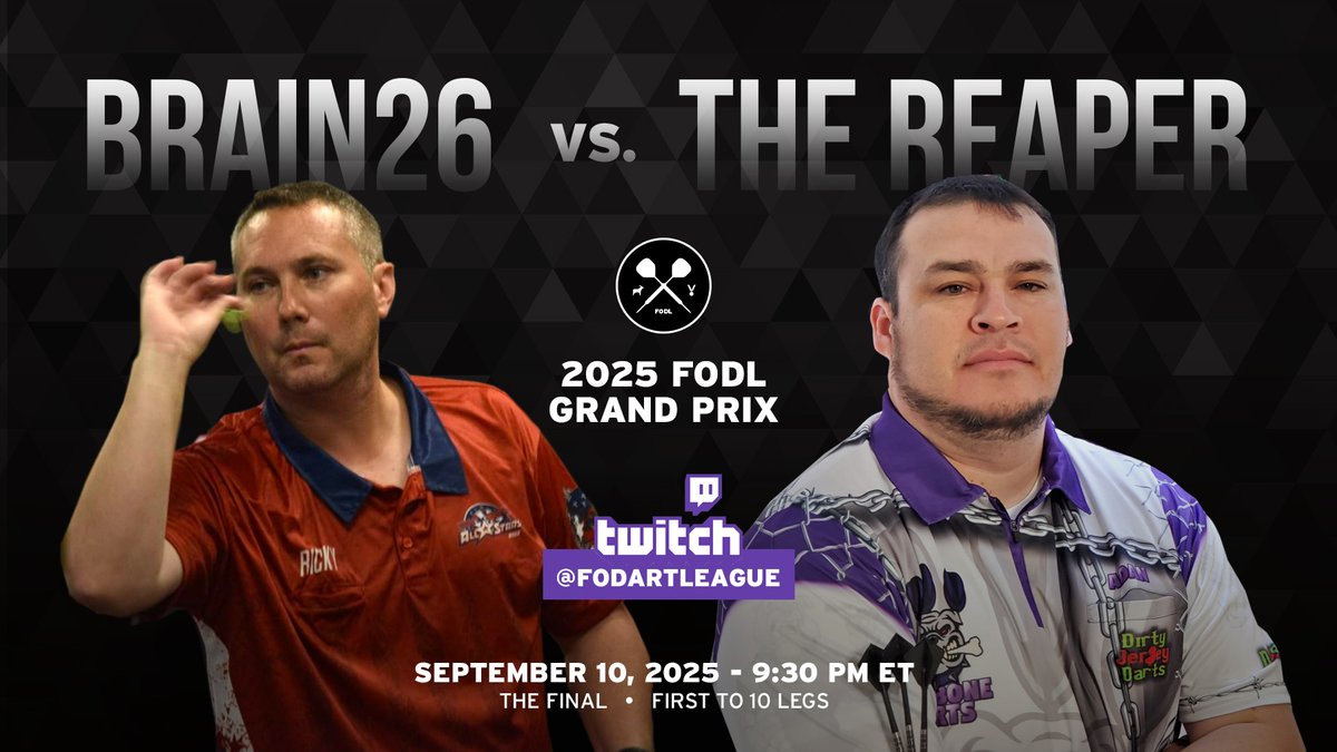 FODartLeague's tweet image. ⭐️ FINALS NIGHT 🏆

2025 FODL Grand Prix Final - First to 10 Legs
9:30 PM ET: (1) Brain26 vs. (2) The Reaper

Alpine Stranger has the call live on Twitch: twitch.tv/fodartleague