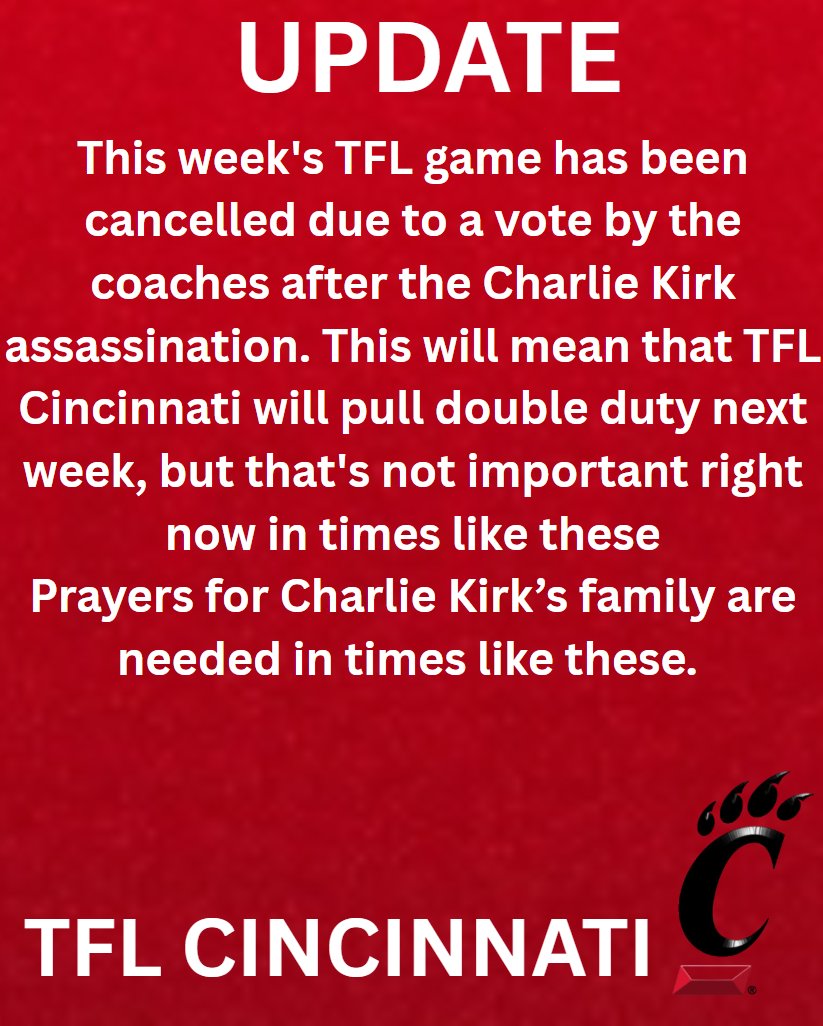 An Update regarding TFL Cincinnati's game this week.
